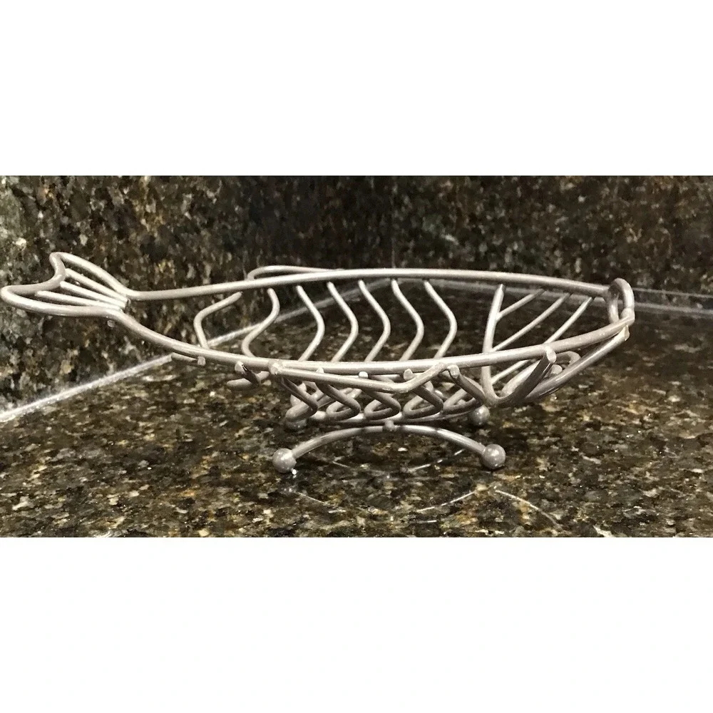 Fish Shaped Fruit Bread Basket Rack‎ Oval Metal Bowl Centerpiece Pewter